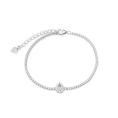 PULSEIRA CRISTAL ÁGUA MARINHA ZIRCONIA BRANCA GOTA CRAVEJADA RIVIERA PRATA 925 - 19CM