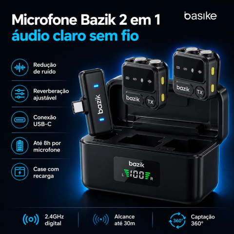 Microfone de Lapela Sem Fio Bazik 2 em 1 Tipo-C com Redução de Ruído e Case de Carga