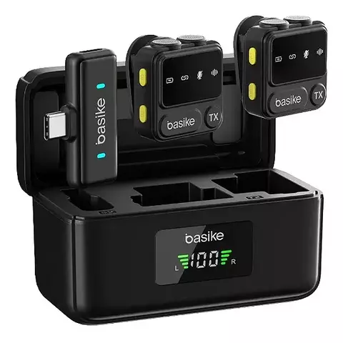 MICROFONE DE LAPELA SEM FIO BAZIK 2 EM 1 TIPO C BA-MIC0003, COM REDUÇÃO DE RUÍDO, REVERBERAÇÃO E CASE DE CARGA