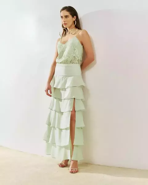 CONJUNTO BLUSA ALCINHA DE RENDA E SAIA BABADOS - comprar online