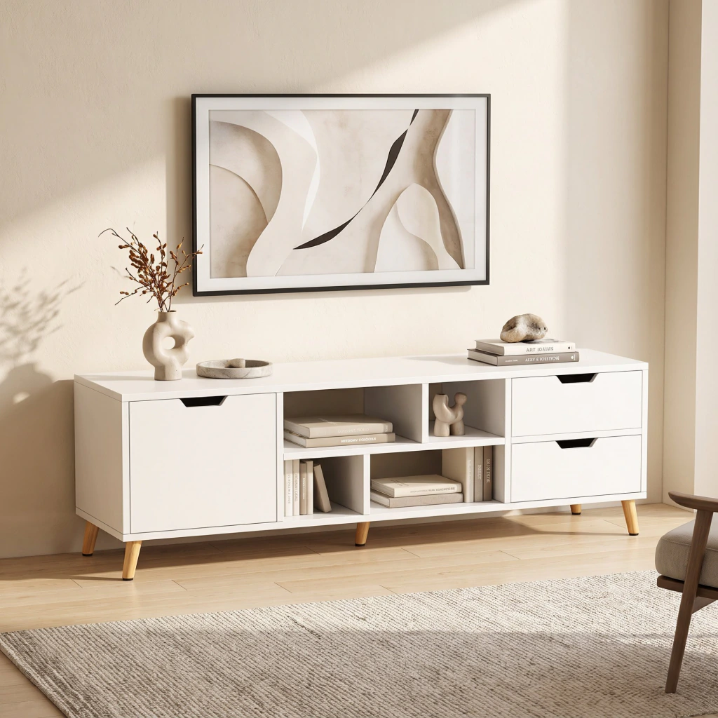 Rack Tv Matteo 120 Cm Con 1 Puerta 2 Cajones Y Estantes Blanco