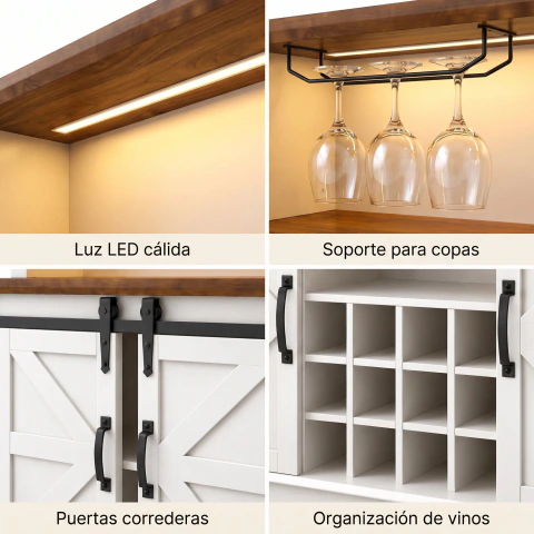 Aparador Vajillero Gisele 140 Cm Luz Led Portacopas Y Vinos - Homer Design