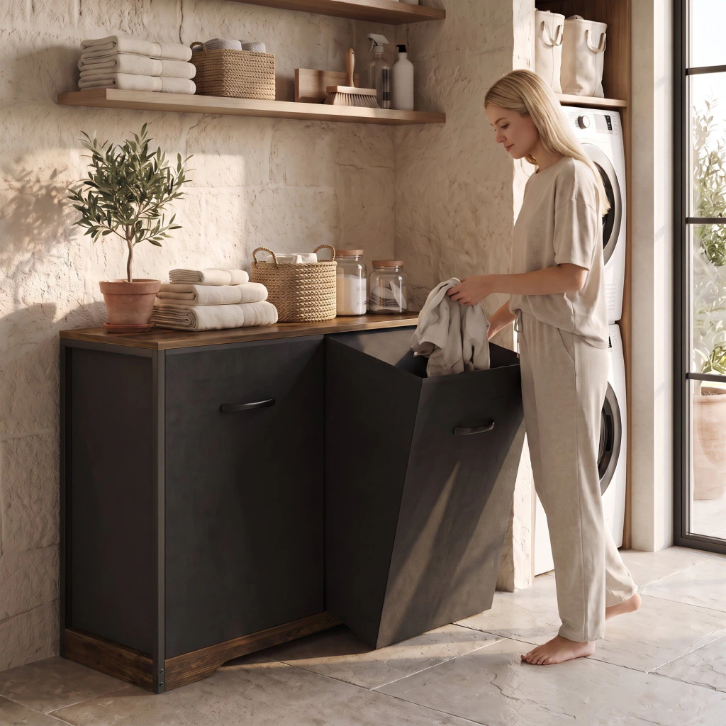 Gabinete Comoda Para Ropa Sucia Baño Y Logia 2 Cestos Tela Negro