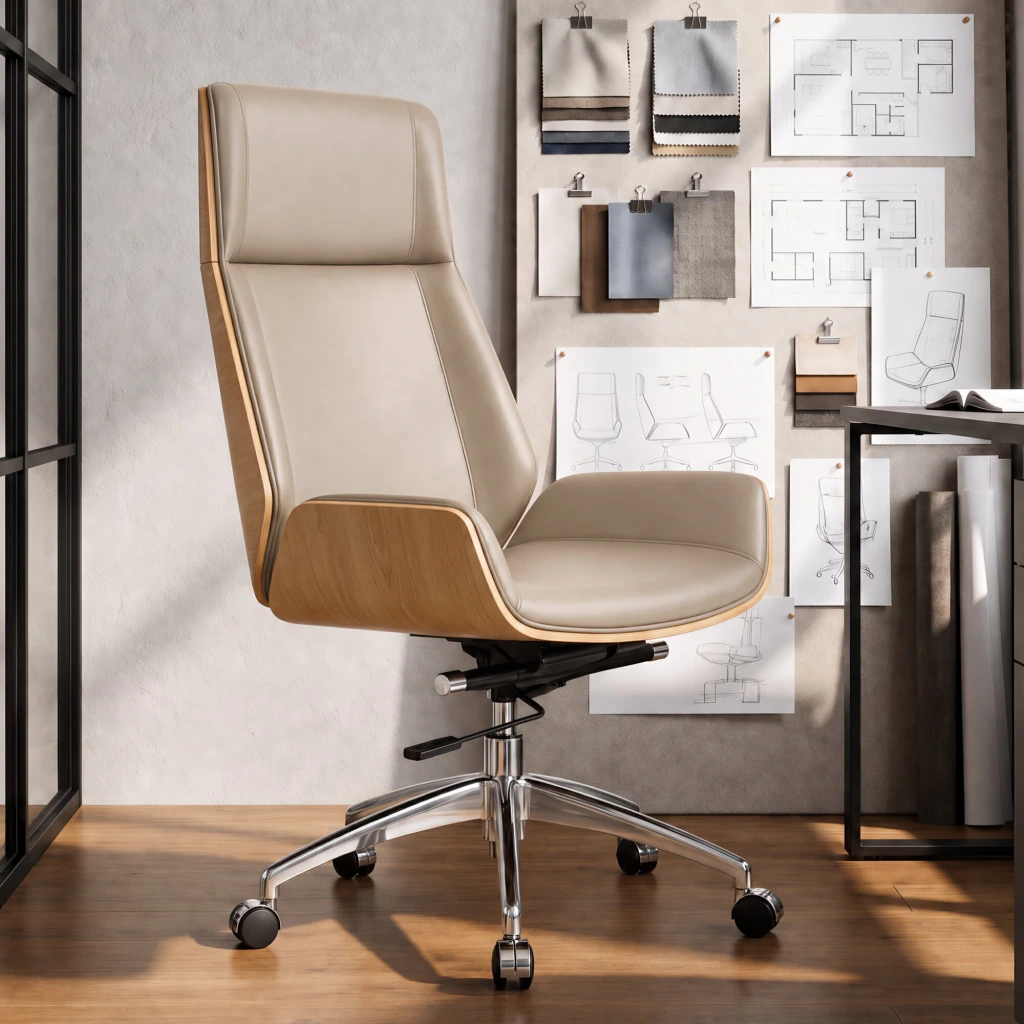 Silla Oficina Gerencial Respaldo Madera Asiento De Cuero Beige