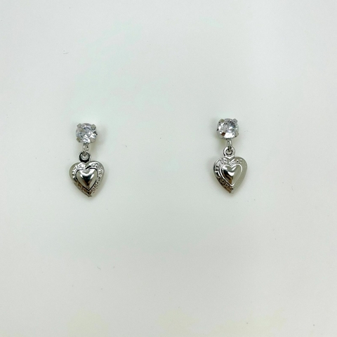 Brinco aço inox base zirconia coração oco pendurado