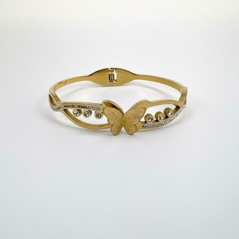 Pulseira Bracelete Aço Banhado Borboleta Com Strass Cristal