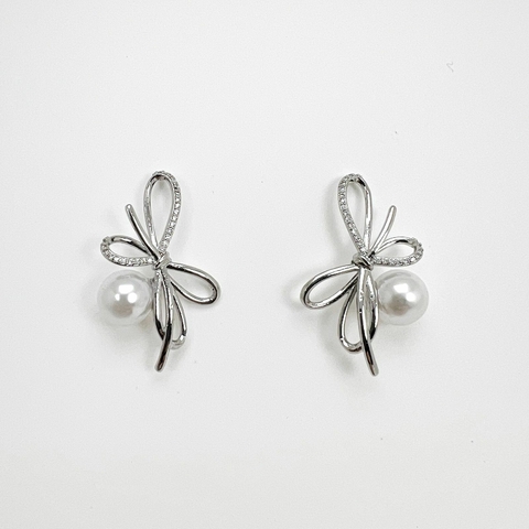 Brinco Biju Branca Fina Laço Duplo Com Zirconia Perola 10mm