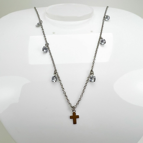 Gargantilha Aço Inox Zirconia E Cruz
