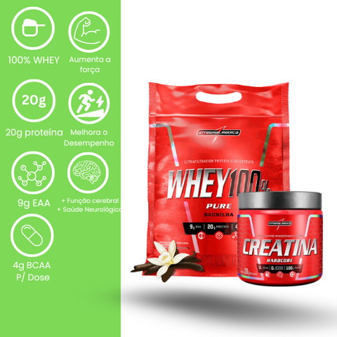 Combo IntegralMédica: Whey 100% 900g + Creatina Hardcore 300g - Massa, Força e Performance