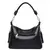 Vista traseira da bolsa hobo preta feminina com bolso externo com zíper embutido, alça longa transversal em couro ecológico, sobre fundo branco.
