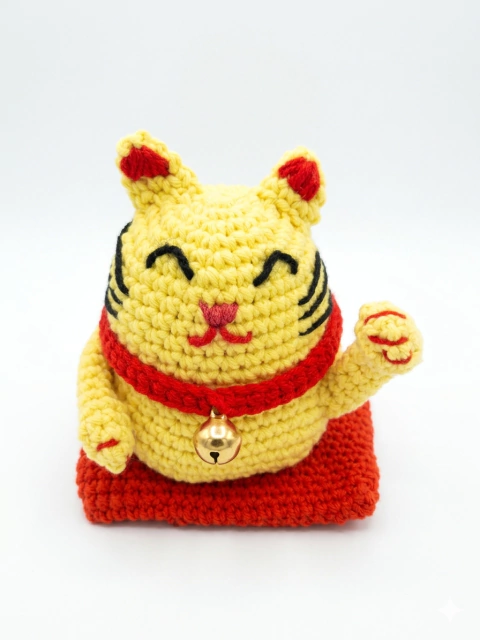 gato maneki neko de hilo tejido al crochet artesanal amigurumi amarillo - comprar online