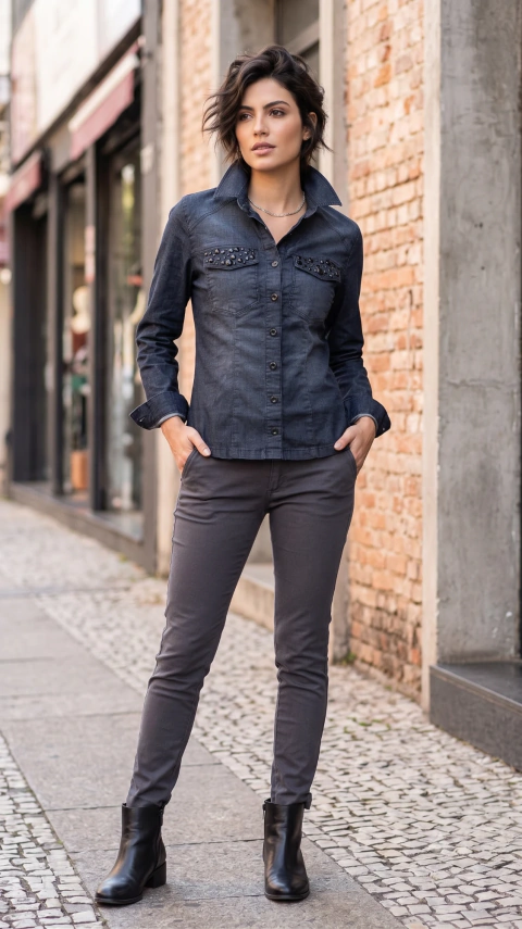 CAMISA JEANS MANGA LONGA COM PEDRARIAS NOS BOLSOS EMPÓRIO JEANS