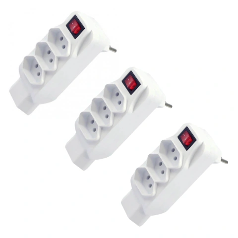 Kit com 3 Adaptadores em L 4 Tomadas 2P+T 10A com Chave Liga/Desliga