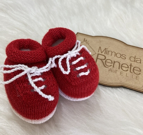 Sapatinho Tricô Cadarço Branco - Vermelho