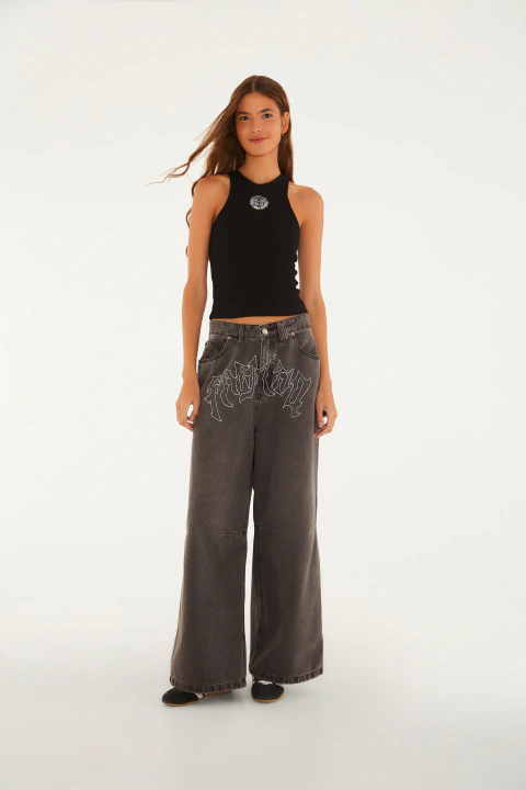 Calça Jeans Bordado Farm Rio Black Jeans