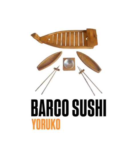 Barco para servir Sushi "Yoruko" Tabla central desmontable para su facil higiene, canoas x2, palitos x4. apoyapalitos x2, dip de aluminio con soporte.