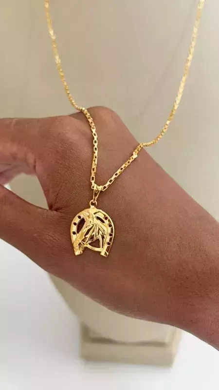 COLAR MASCULINO FERRADURA COM CAVALO EM SEMI JOIA BANHADO Á OURO - comprar online