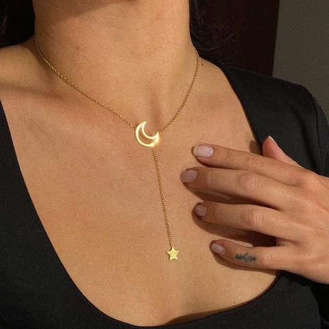 Collar largo de luna y estrella Acero inoxidable