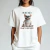 Camiseta off-white com estampa divertida de cachorro bulldog francês usando óculos escuros e camiseta listrada, com texto em inglês I'm not fat!  I'm just extra fluffy"