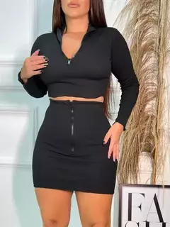 Conjunto Feminino Cropped Manga Longa e Saia Curta com Zíper em Ribana Canelada