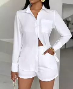 Conjunto de shorts e top abotoado para mulheres, roupas casuais, design de bolso