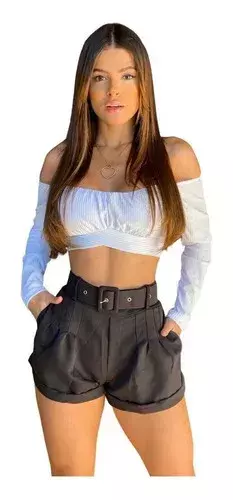 Short Feminino Cintura Alta Com Cinto E Bolsos Em Alfaiataria - loja online