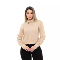 Camisa Social Feminina Premium Tipo Linho Bege Manga Longa Elegante Chic sem Bol