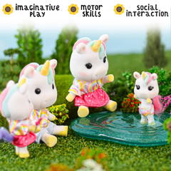 Conjunto Honey Bee Acres Rainbow Ridge Daydreamers Unicorn Family – 4 Miniature Flocked Dolls! - Magia de Colecionar