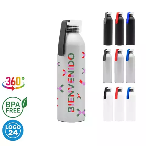 Botella de aluminio con tapa y diseño colorido que dice "Bienvenido", disponible en varios colores.
