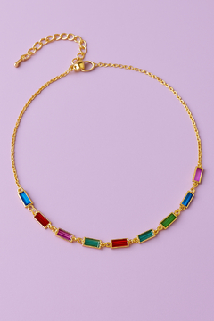 Colar Chocker Pedras Retangulares Coloridas Dourado - comprar online