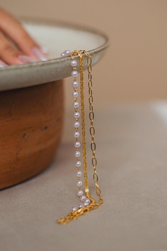 Pulseira 3 em 1 Cordão Pérolas Correntaria Dourado