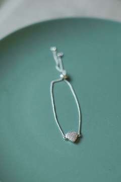 Pulseira Coração Preenchido Cravejado Gravatinha Prata