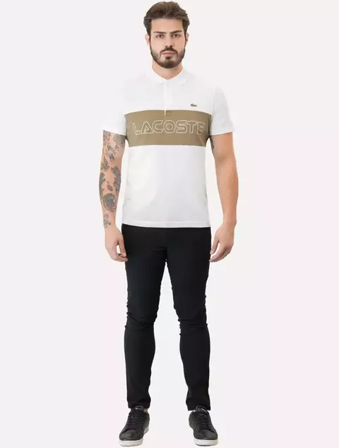 Camiseta Lacoste Polo Regular Piqué Stretch Khaki Colorblock Branca - comprar online