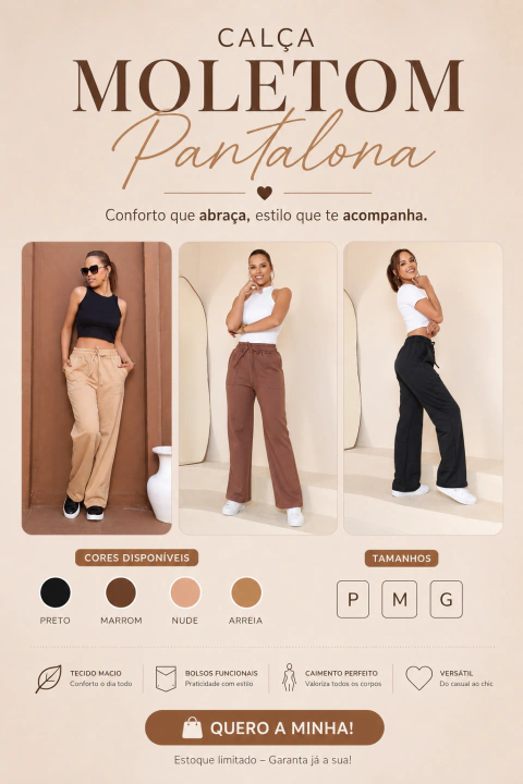 Calça Moletom Pantalona tendencia inverno