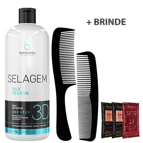 Frasco de 1L de selagem capilar Selagem 3D da Borabella, acompanhado de dois pentes e amostras de produtos.