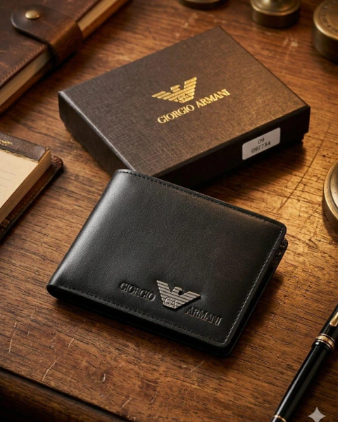 Billetera negra placa metálica plateada con el icónico logo del águila