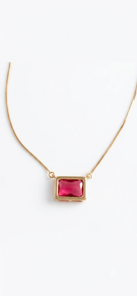 Colar Pedra Retangular Cristal Zircônia Rubi Banhado a Ouro 18k