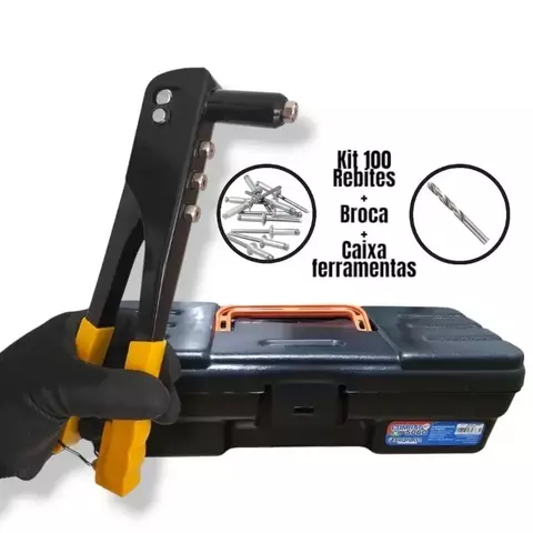 Kit Jogo Ferramenta Alicate Rebitador Rebitadeira Manual + Maleta + 100 rebites e broca
