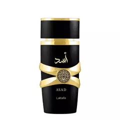 alt="Frasco del perfume Asad de Lattafa con diseño negro y dorado, vista centrada del producto"