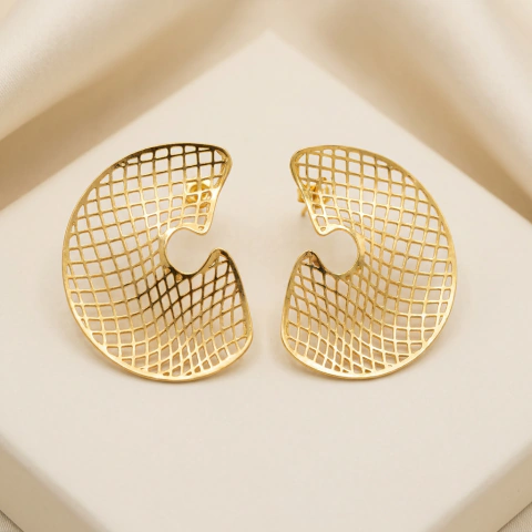 Brinco Leque Telado Banhado Ouro 18K