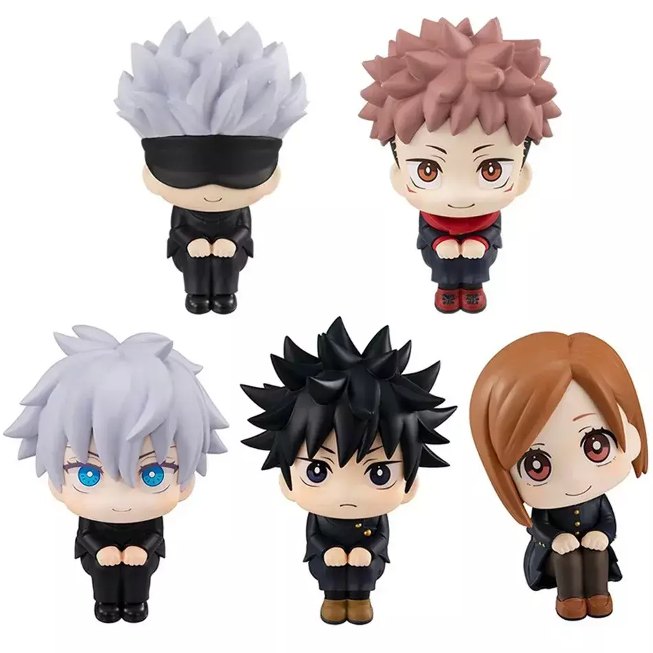Conjunto de miniaturas chibi dos personagens de Jujutsu Kaisen, incluindo Yuji, Gojo, Megumi e Nobara.