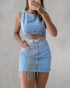 Saia Jeans Franja Brilho
