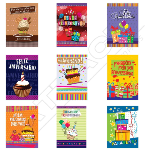 Kit c/ 54 Cartões Aniversário Frase Especial Estampa Diverti