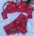 Conjunto lingerie Elegance vermelho com detalhes em renda floral bege, composto por sutiã com bojo e calcinha com laterais largas e renda delicada