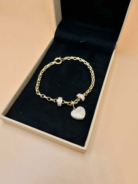 Pulseira com detalhes cravejados + Pingente coração com pedras - Importada