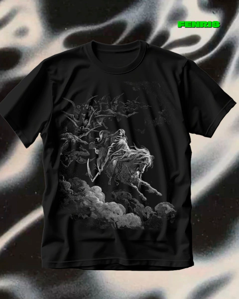 Remera estampada en serigrafía en el frente con diseño de la obra Visión de la Muerte de Gustave Doré.