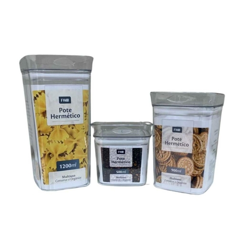 Kit 3 Potes Herméticos Empilháveis c/ Vedação Silicone