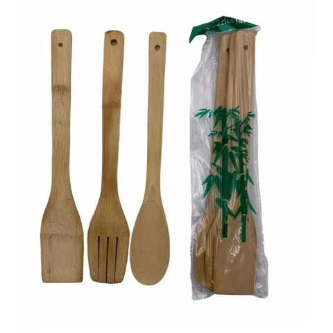 Jogo Talheres Bambu 3 Peças Natural Antibacteriano
