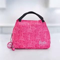 Lonchera térmica color fucsia con diseño de texto repetido "Barbie" y asa negra