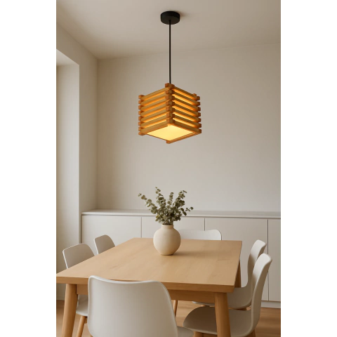Lámpara Colgante Cubo de Madera Minimalista Moderna